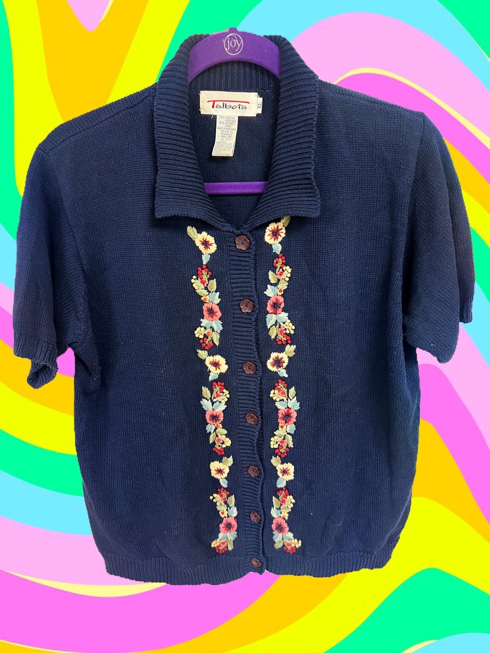 Vtg Talbots dark blue knit floral button up